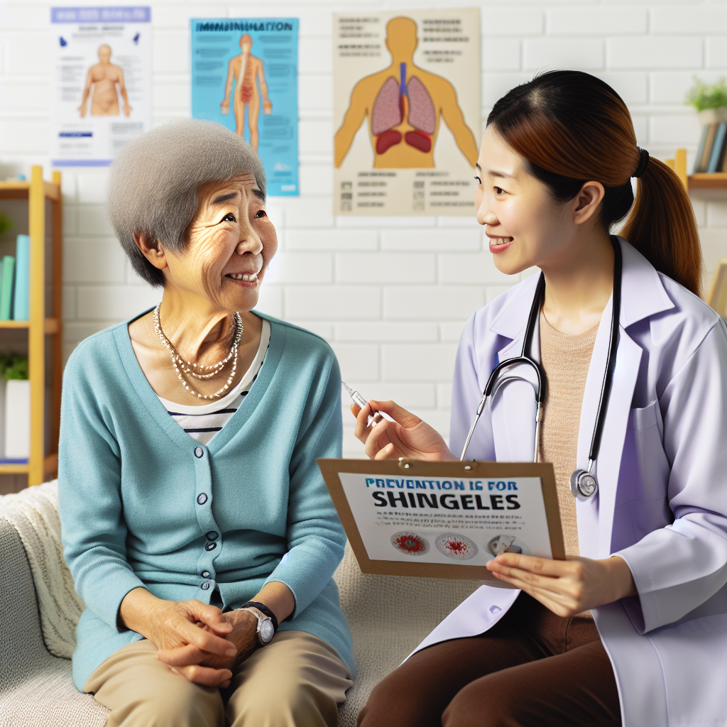 Sure, here is a DALL-E 3 prompt for generating the image: "Create an image showing a Chinese elderly person having a conversation with a healthcare professional. The elderly person looks concerned, and the healthcare professional is explaining preventive tips for shingles. Both are smiling and engaged in an indoor setting, such as a cozy living room or doctor's office. Include subtle elements related to healthcare, such as a stethoscope, pamphlets, or posters about immunization and healthy living on the wall."